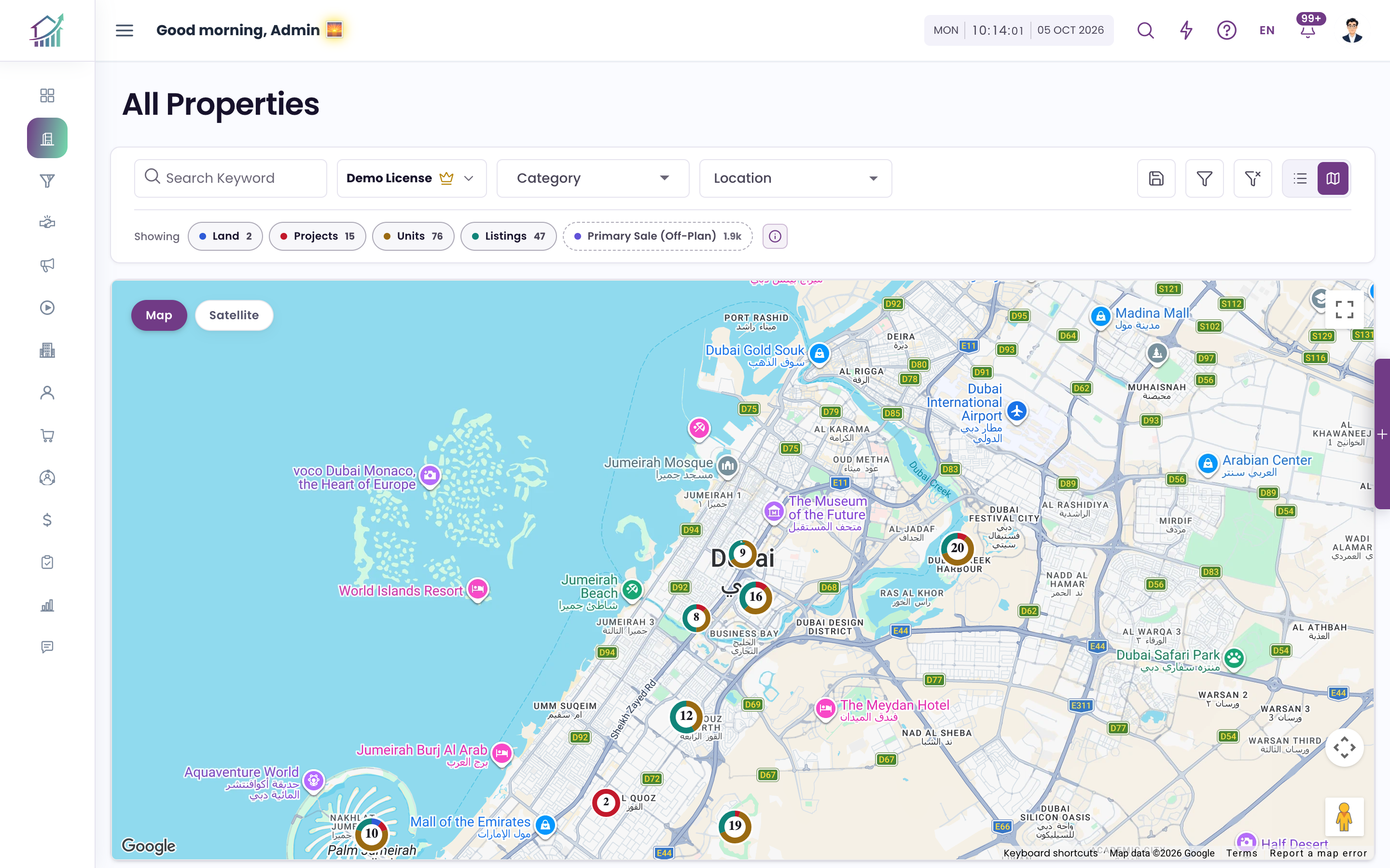 The live portfolio map, every listing pinned across the Emirates.